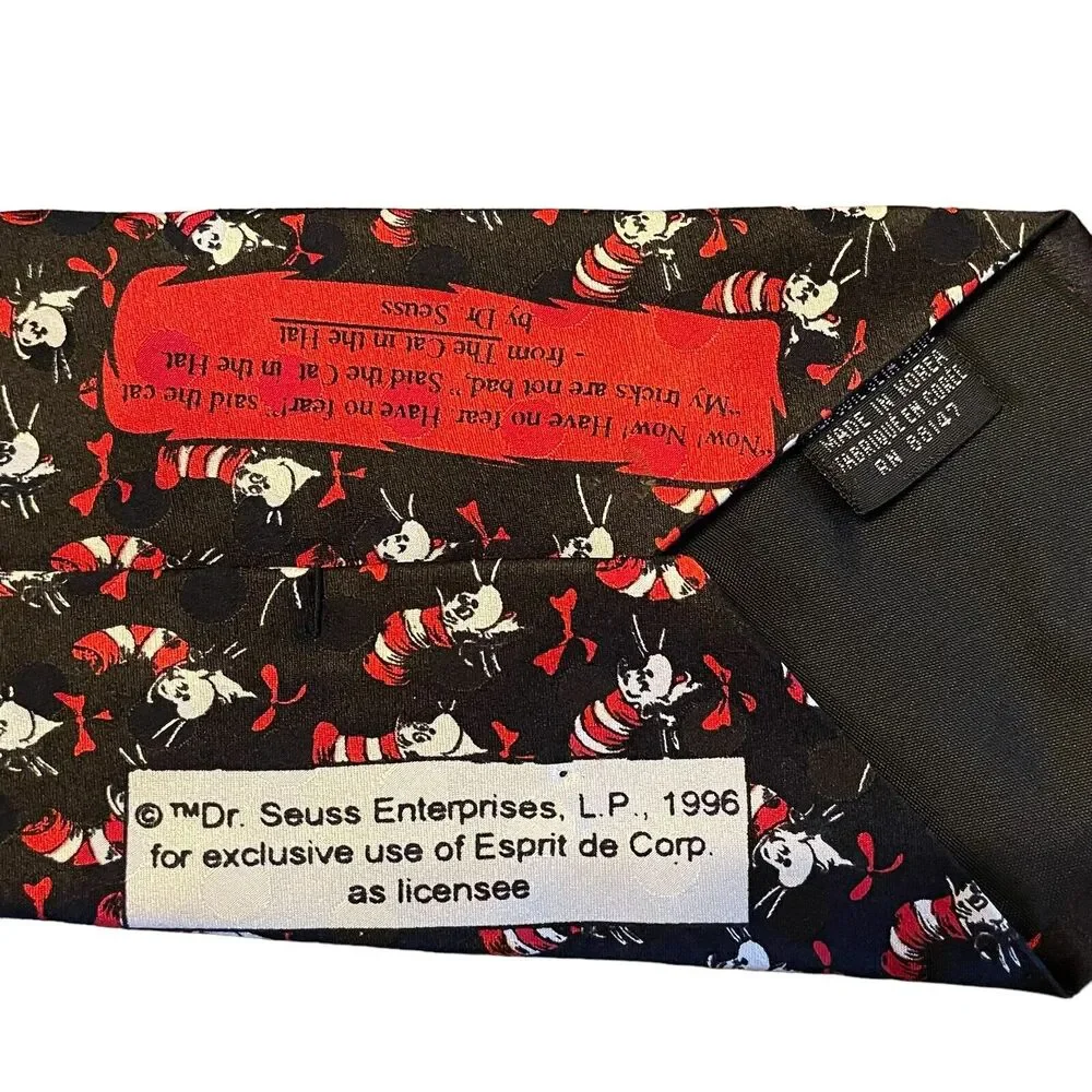 DR SEUSS Cat in the Hat Mens Vintage 100% Silk Neck Tie Black Cartoon Novelty
